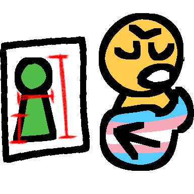 a confident and angry emoji-yellow person saying a speech bubble with the colors of the trans flag, and an arrow to a picture of a green figure with red lines drawn on them to measure their height, the length of their legs, and the width of their shoulders 